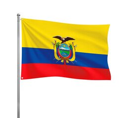 Ecuador flag waving in the wind on a silver pole, isolated on transparent background