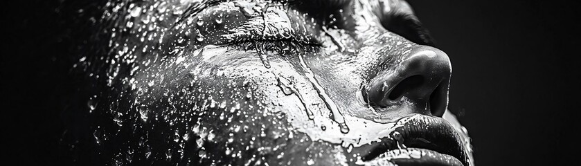 Intense close-up of a serene face with water droplets, evoking emotions of solitude and reflection in monochrome tones.