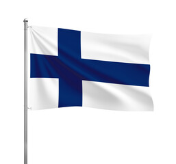 Finland flag waving in the wind on a silver pole, isolated on transparent background
