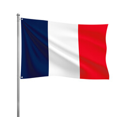 France flag waving in the wind on a silver pole, isolated on transparent background