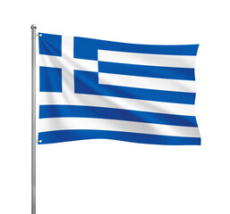Greece flag waving in the wind on a silver pole, isolated on transparent background