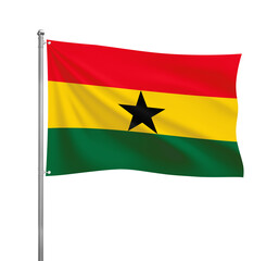 Ghana flag waving in the wind on a silver pole, isolated on transparent background