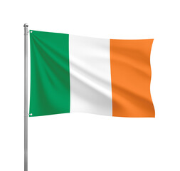 Ireland flag waving in the wind on a silver pole, isolated on transparent background