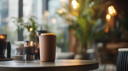 Rustic Coffee Tumbler in Cozy Cafe Atmosphere