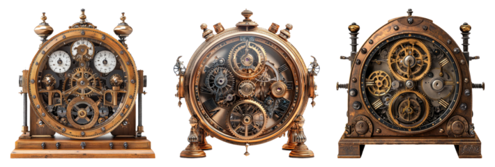 Antique clocks with exposed gears and intricate details isolated on transparent background