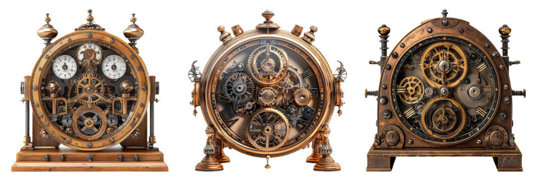 Antique clocks with exposed gears and intricate details isolated on transparent background