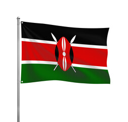 Kenya flag waving in the wind on a silver pole, isolated on transparent background