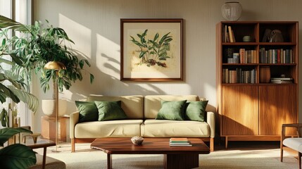 Mid-century style living room featuring a beige sofa with green pillows, a wooden cabinet, and a bookcase filled with decor.