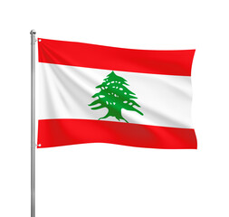Lebanon flag waving in the wind on a silver pole, isolated on transparent background