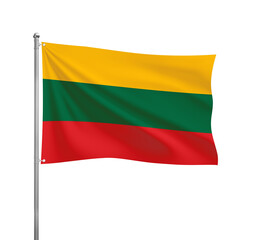 Lithuania flag waving in the wind on a silver pole, isolated on transparent background
