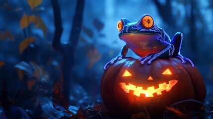 Obraz premium A neon-lit cybernetic frog perched on a pumpkin, glowing eyes reflecting the eerie light of a futuristic Halloween night, surrounded by misty dark forest