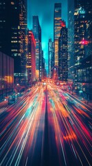 Fototapeta premium Advanced corporate cityscape, innovation flowing in digital streams between high-rise company towers, exchange of ideas visualized as light trails