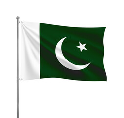Pakistan flag waving in the wind on a silver pole, isolated on transparent background
