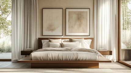 Modern bedroom with a minimalist wooden bed, large windows, and soft natural light in a serene setting