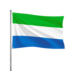 Sierra Leone flag waving in the wind on a silver pole, isolated on transparent background