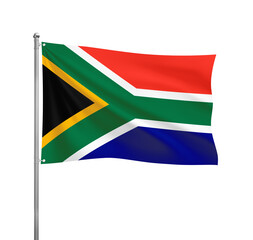 South Africa flag waving in the wind on a silver pole, isolated on transparent background