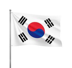 South Korea flag waving in the wind on a silver pole, isolated on transparent background