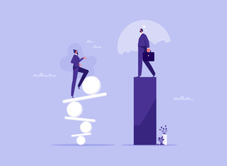 Stability and risk concept, balance and loss of control, businessman and businesswoman stand on stands, uncertainty and fragile company, different management style, confident and insecure person