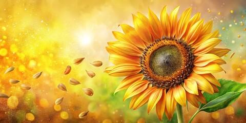 Fototapeta premium vibrant whimsical illustration sunflower blooming seeds scattered abstract watercolor style warm bright yellow orange hues expressing joyful optimistic summer feelings