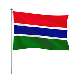The Gambia National flag waving in the wind on a silver pole, isolated on transparent background