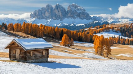 Picturesque landscape with small wooden log cabin on meadow Alpe di Siusi on sunrise time. Snowy hills with orange larch.