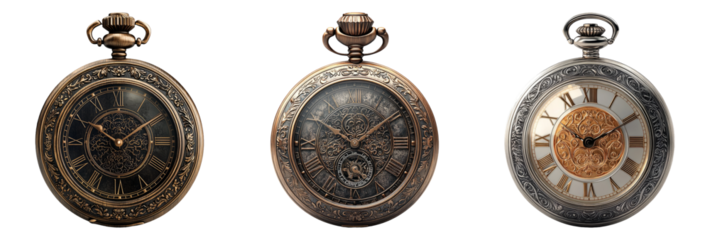 Antique pocket watches with intricate engravings isolated on transparent background