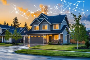 Obraz premium Modern Suburban House with Smart Home Network Illustration