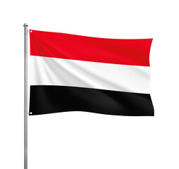 Yemen flag waving in the wind on a silver pole, isolated on transparent background