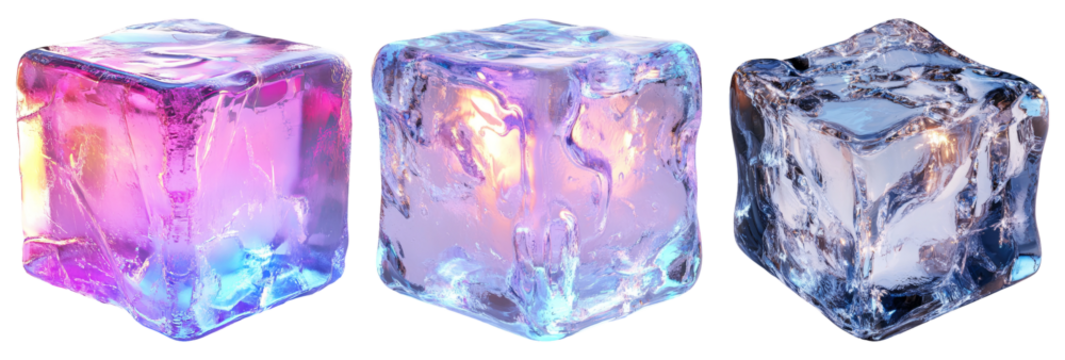 Glowing ice cubes with colorful reflections isolated on transparent background