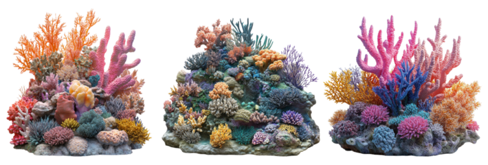 Colorful coral reefs in different arrangements isolated on transparent background