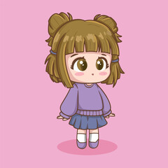 illustration art cute girl using skirt and purple crew neck character design
