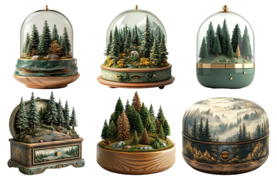 Miniature winter landscapes in glass domes isolated on transparent background