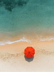 Aerial View of Vibrant Red Beach Umbrella on Serene Summer Coastline with Turquoise Waters