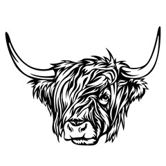 Highland Cow | Highland Beef | Dairy Cattle | Long Horned Cow | Highland Cow Head | Dairy Farm | Farm Animal | Cow Face | Original Illustration | Vector and Clipart | Cutfile and Stencil