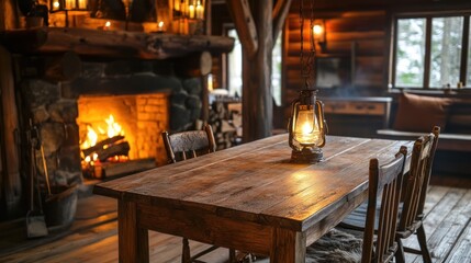 A rustic wooden cabin interior with handcrafted furniture, rough-hewn wooden table and chairs, near a roaring fireplace.