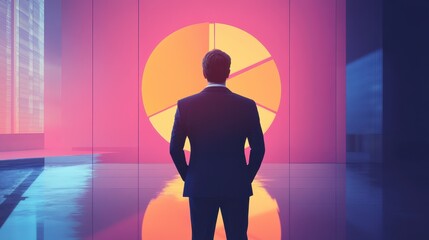 Silhouette of a Businessman Standing in a Modern, Colorful Office