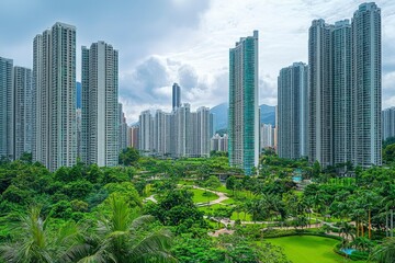 Obraz premium Modern Skyscrapers Surrounded by Lush Greenery in a City Park