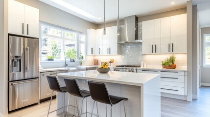 Fototapeta premium A stylish kitchen with a modern touch, featuring glossy white cabinets, a large island with quartz countertops, and stainless steel appliances.