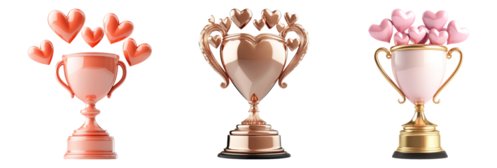 Elegant love-themed trophies with heart decorations isolated on transparent background