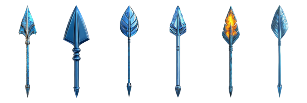 Metallic arrows with ornate tips in different shapes isolated on transparent background