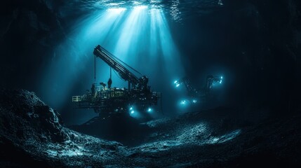 A mesmerizing underwater scene depicting a deep-sea exploration setup illuminated by striking beams of light.