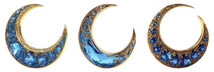 Moon-shaped pendants with blue gemstones isolated on transparent background