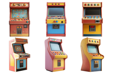 Vintage arcade machines in various designs isolated on transparent background
