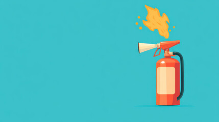 Obraz premium Cartoonstyle illustration of a fire extinguisher, showcasing foam spraying to extinguish flames in a flat design setting.