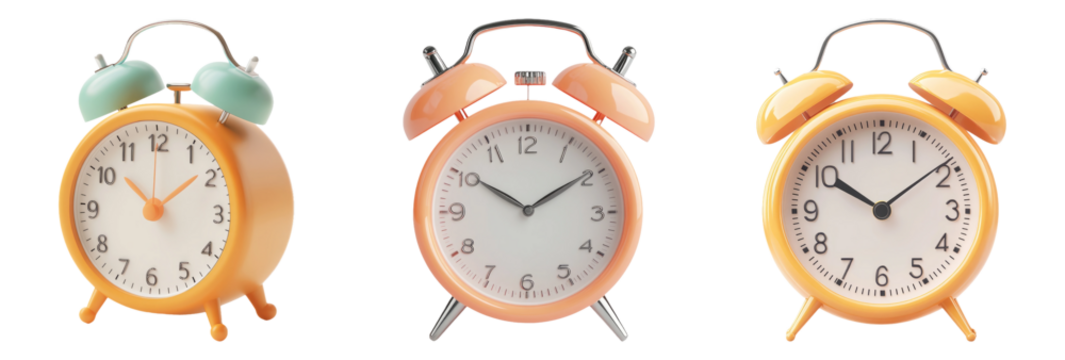 Vintage alarm clock collection isolated on transparent background