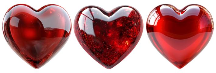 Red glass heart shapes isolated on transparent background