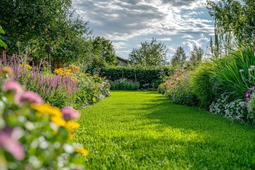 Obraz premium Lush Green Lawn Separated by Vibrant Flower Beds in a Backyard Garden