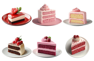 Assorted cake slices on plates isolated on transparent background