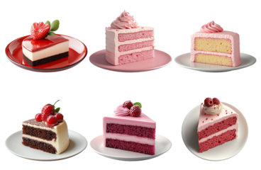 Assorted cake slices on plates isolated on transparent background