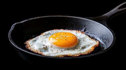 Fried egg sizzling in skillet, illuminated by stovetop flames.